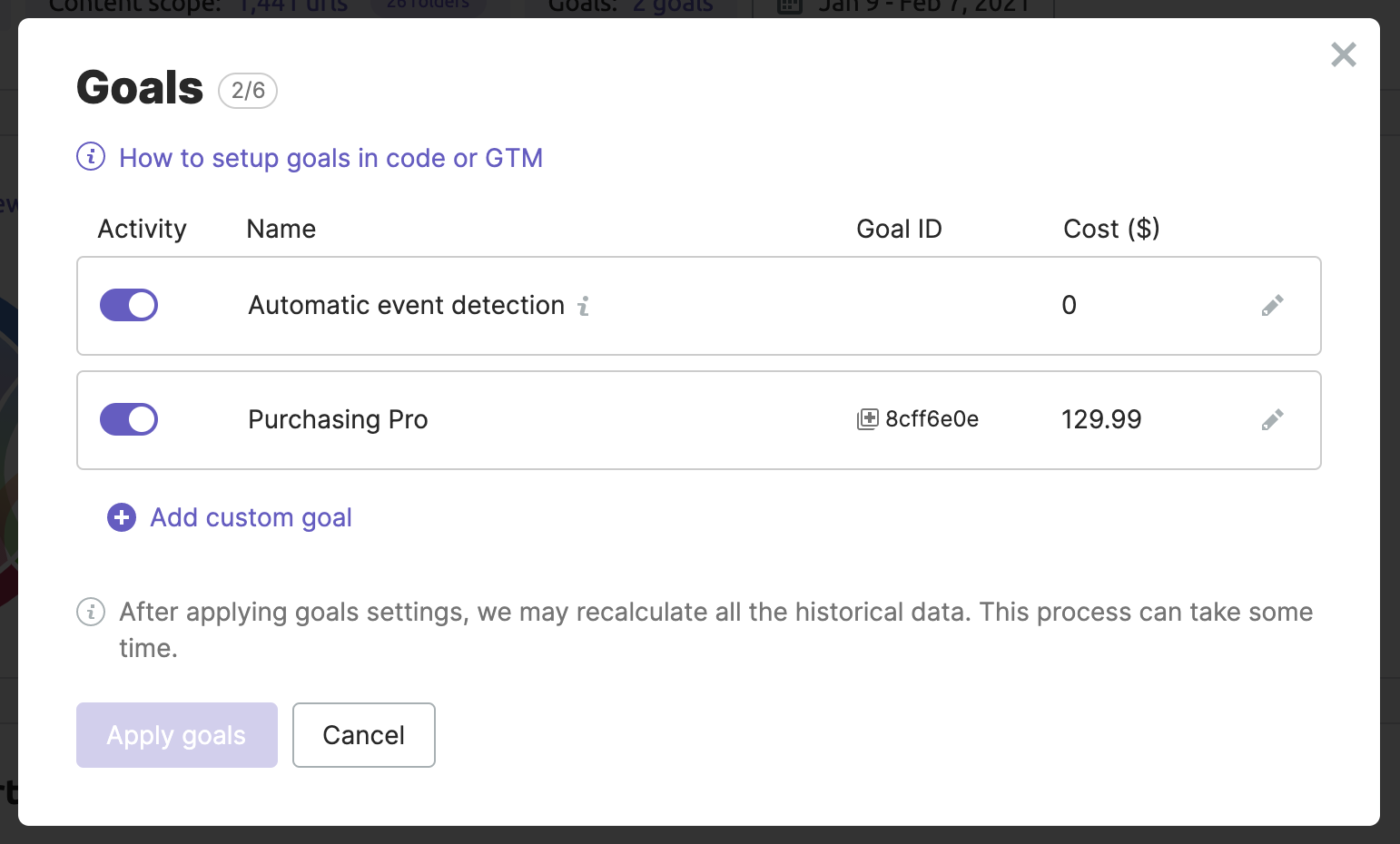 How to add a custom goal in the goals management modal window of ImpactHero.